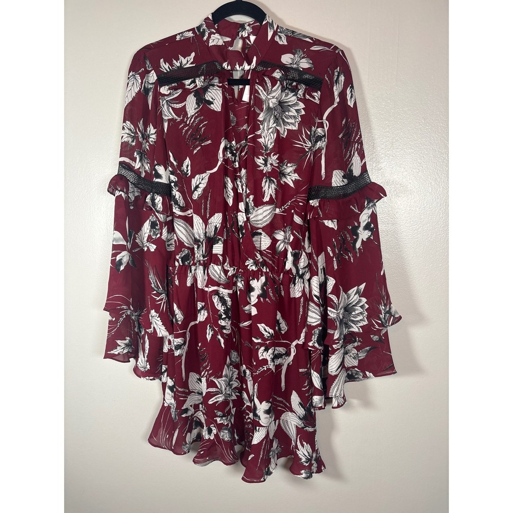 Parker NY Red Rooted Floral Mini Dress Lace Trim‎ Bell Sleeve Women's S NWT